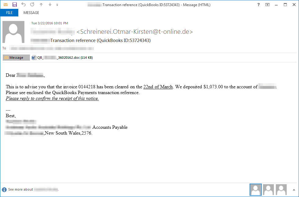 Example email delivering Dridex 222