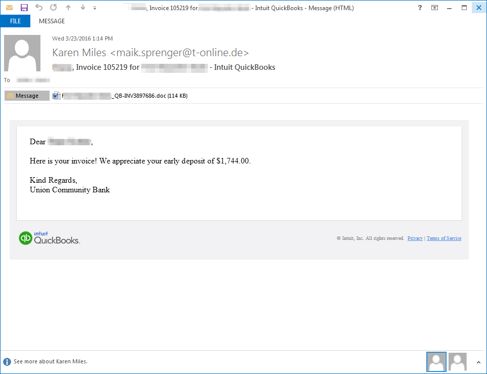 Example email delivering Nymaim
