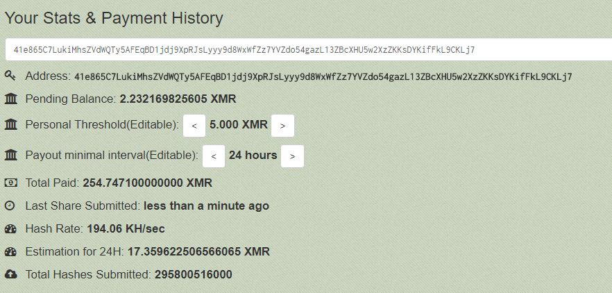 A second Monero address associated with income from Adylkuzz mining