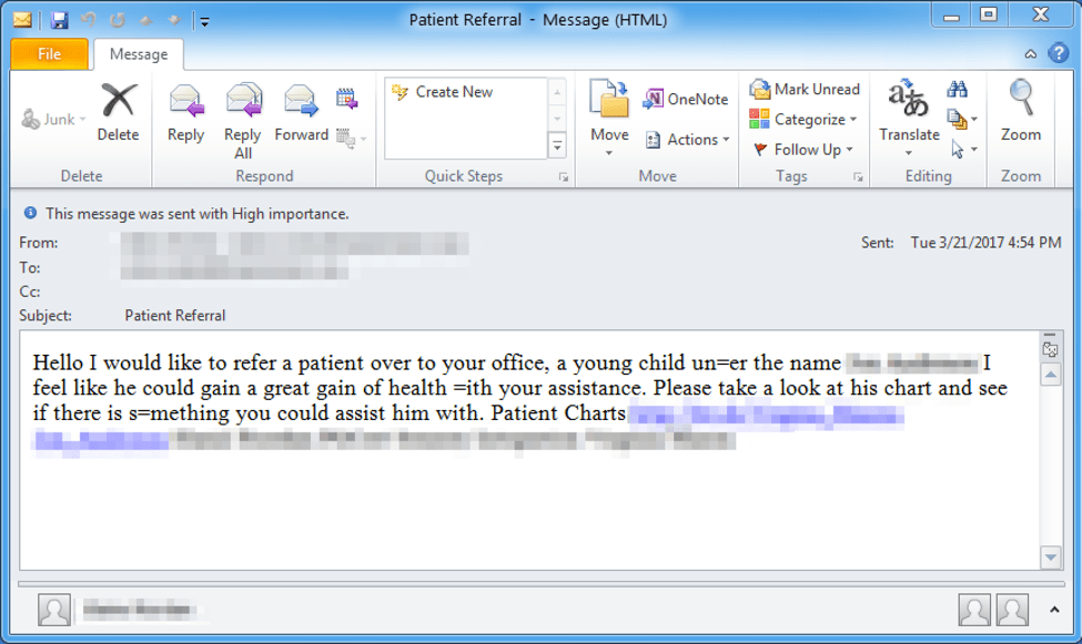 Email sample with patient referral lure