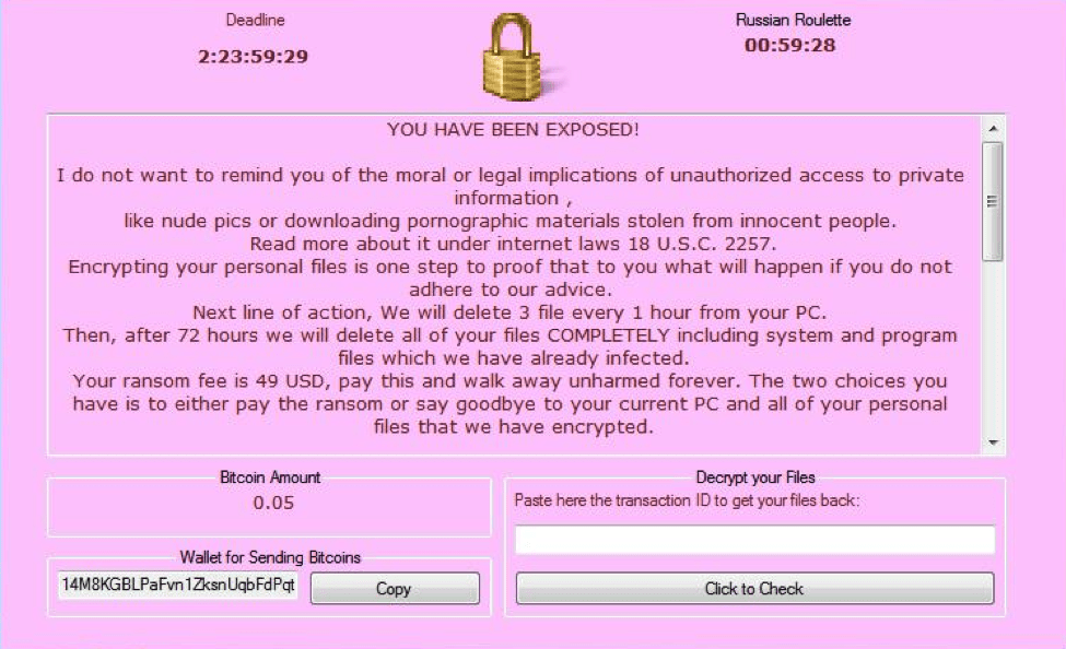Pink ransom note displayed by sample with SHA256 hash