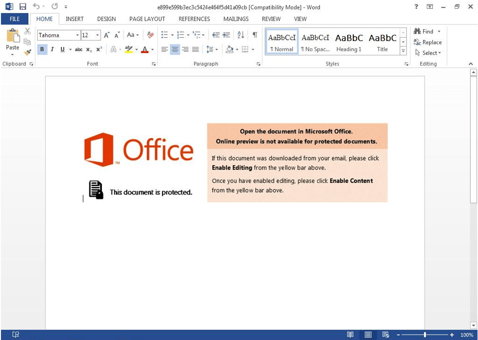Document attachment sample with SHA256 hash