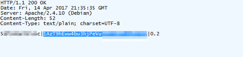 Server response to initial victim check-in returns victim ID, followed by Bitcoin address, then by ransom amount