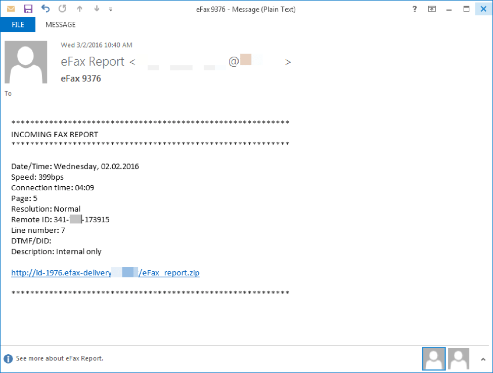 Ejemplo de phishing, email con notificación de fax con enlace de ransomware