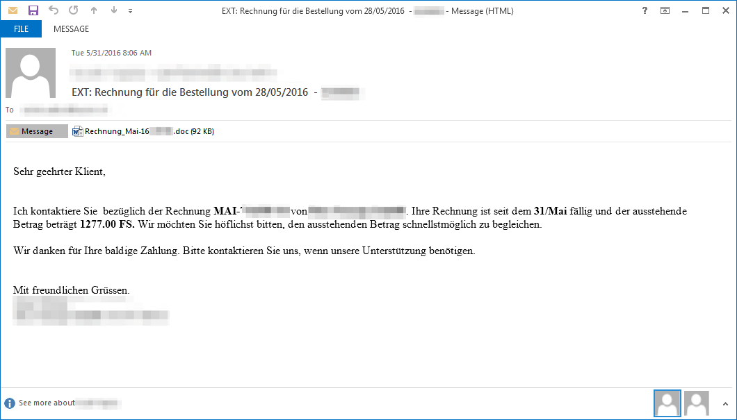 Email with German-language billing lure used to deliver Dridex botnet 124