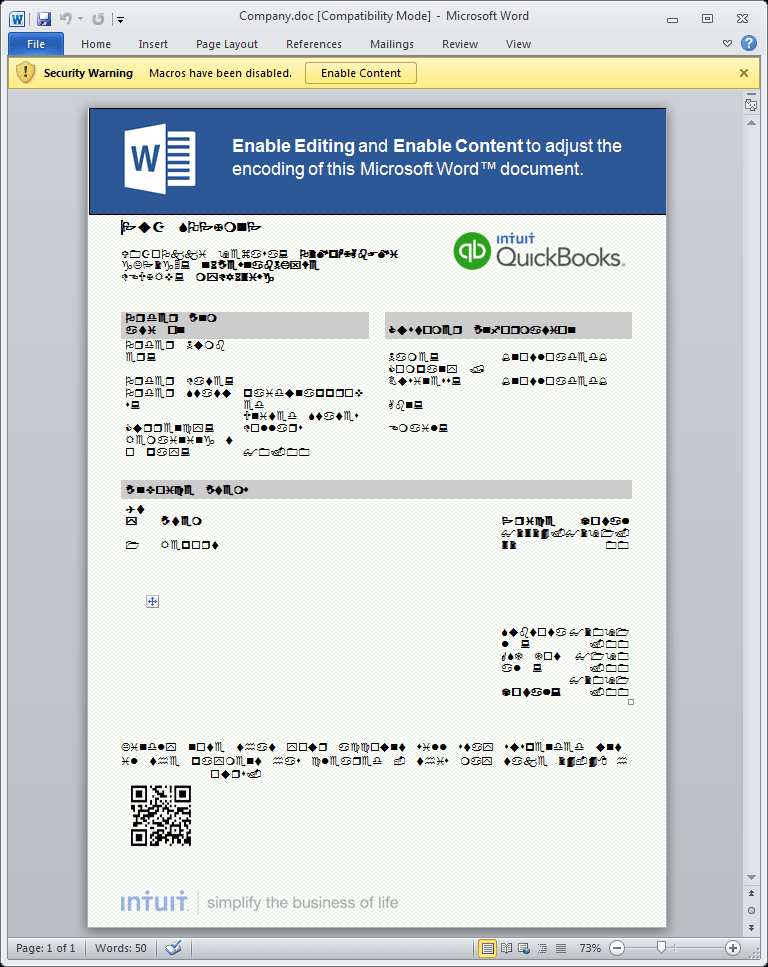 Document attachment used to deliver Nymaim with spoofed Intuit logo