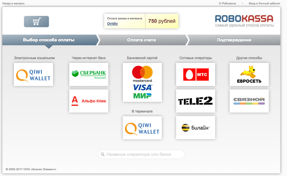 Payment via RoboKassa offering several options