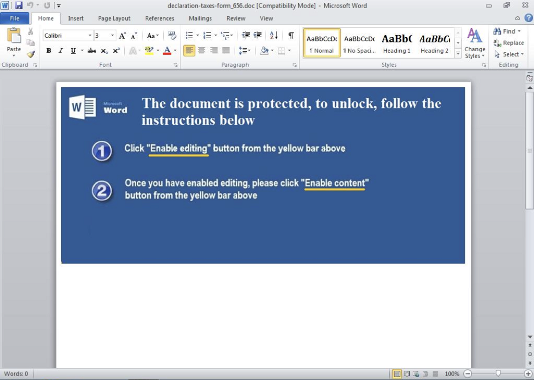 Fake Tax-themed Word document with message to enable macros
