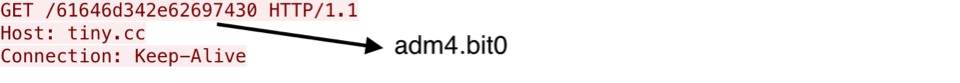 Initial GET request for hex-encoded domain name using tiny[.]cc shortener service