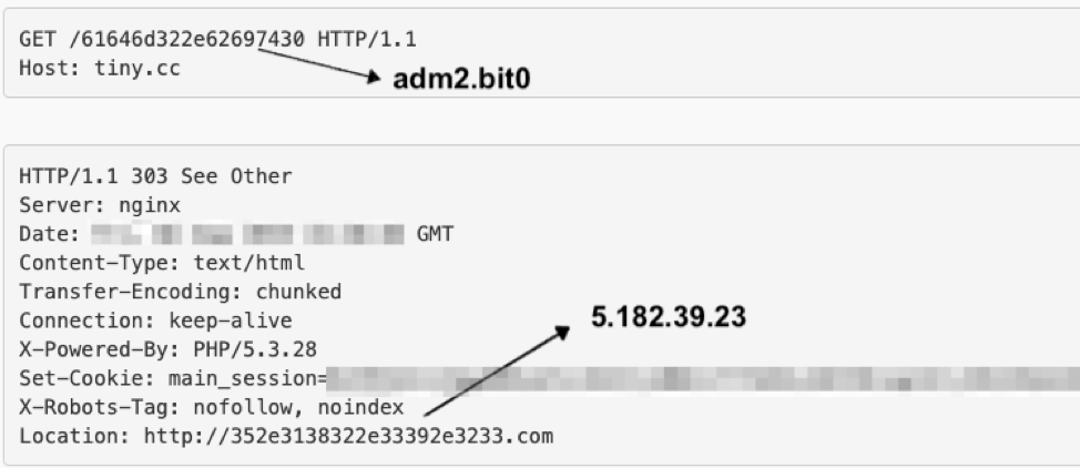 GET request containing hex-encoded C&C domain (adm2[.]bit) followed by HTTP 303