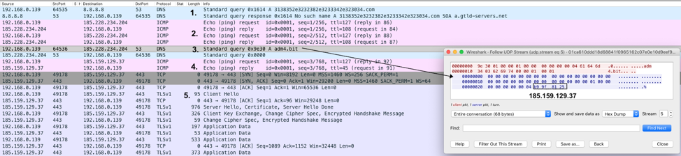 Annotated network traffic showing process of gathering DNS server to C&C traffic