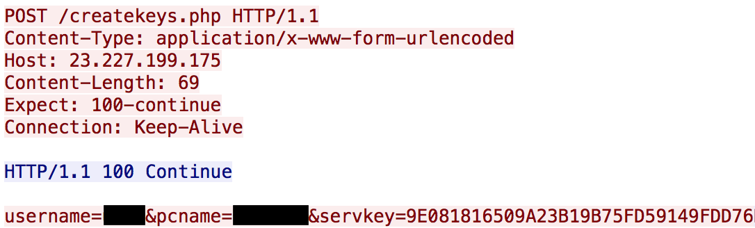 Network request to 'createkeys.php'