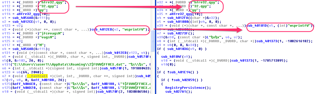 String obfuscation instruction similarities between HydraCrypt and CryptFIle2