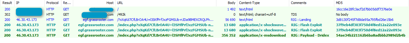 Initial TDS redirect and RIG EK landing from US IP address