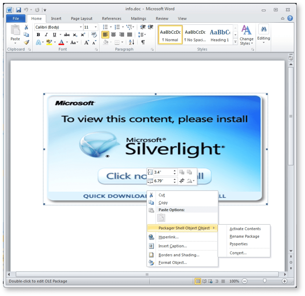 Embedded Visual Basic object on a fake Silverlight update lure