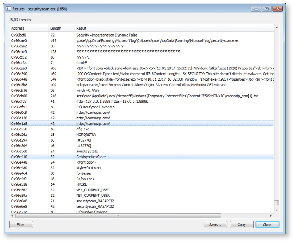 Memory dump from the unidentified malware