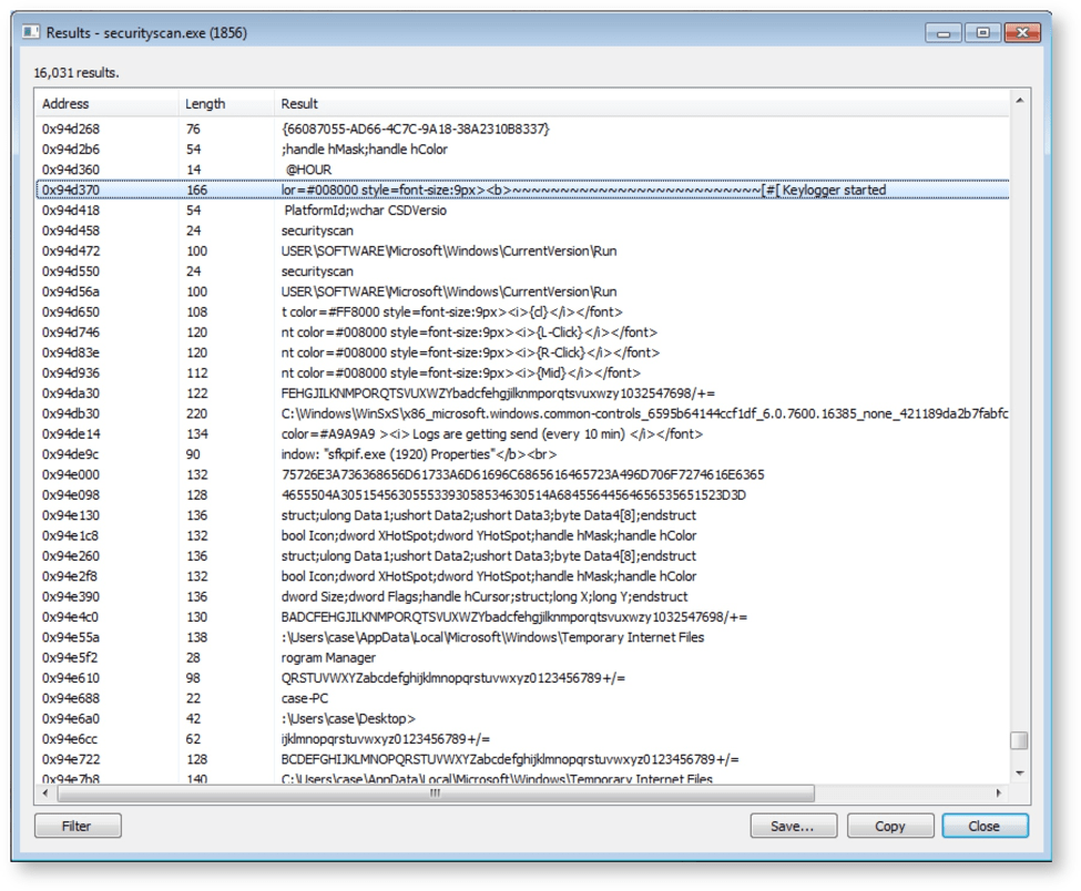 Memory dump confirms Visual Basic Keylogger function