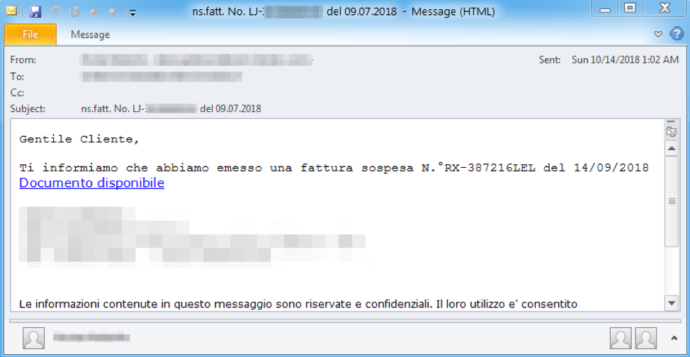 Email targeting Italian recipients on October 14, 2018