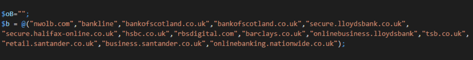 Hardcoded array of banking keywords and hostnames