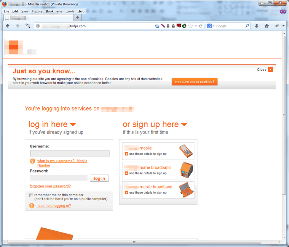 Fake login page for cellular provider phishing scheme