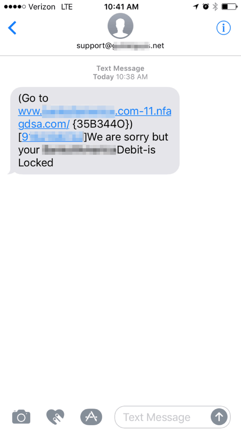 SMS phishing message originating from email address