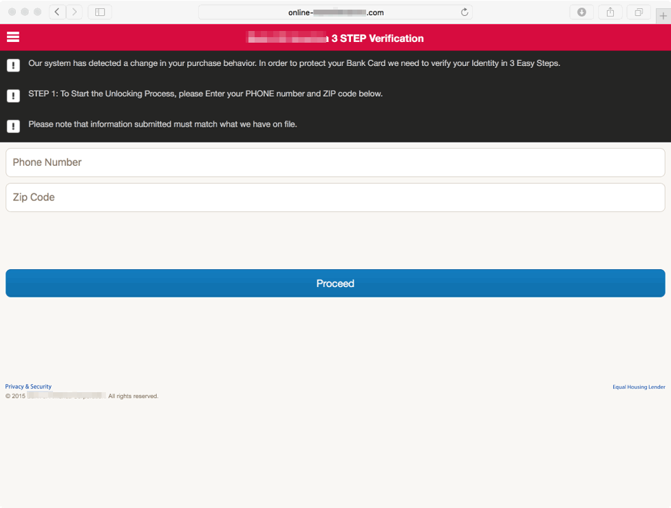 Step 1 of fake verification process begins by asking for phone number and zip code