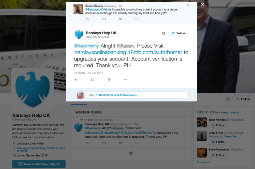 Barclays Bank Twitter Phishing Example