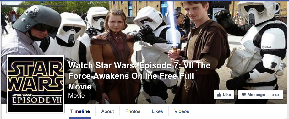 Fraudulent facebook account promising free movie - but delivering adware