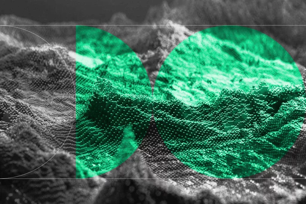 Abstract digital data landscape with green overlays representing communications and compliance data