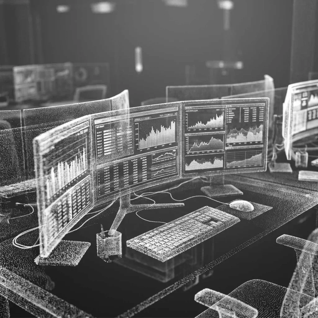 Digital workstation with multiple monitors displaying financial data and analytics.