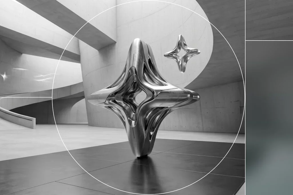 Abstract metallic forms in a modern architectural space representing digital technology.