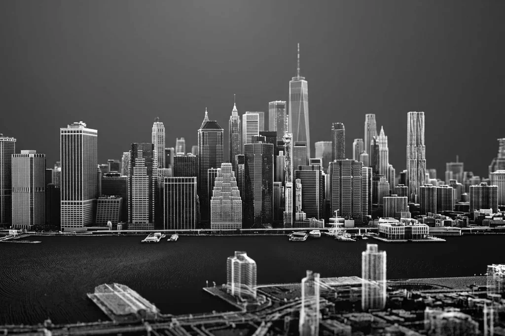 New York City financial district skyline viewed across the water.