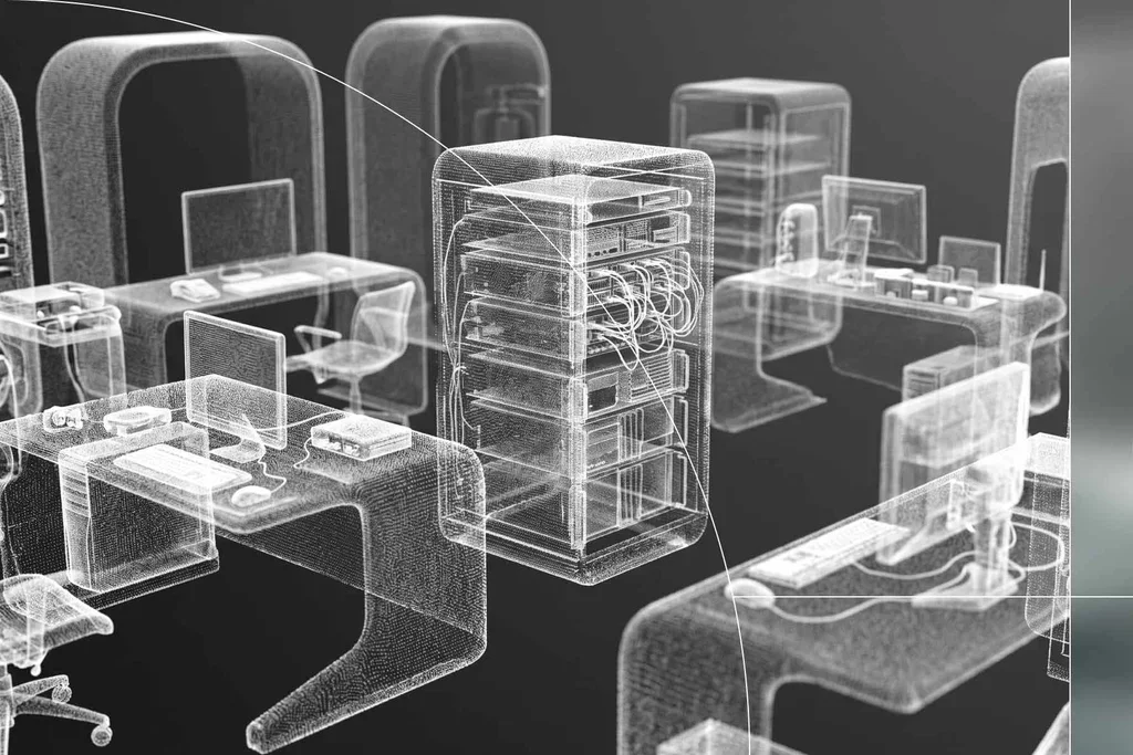 Digital rendering of connected computers, workstations, and server infrastructure.