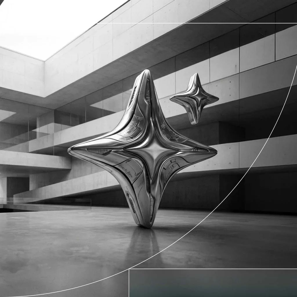 Abstract metallic forms displayed in a modern architectural space.