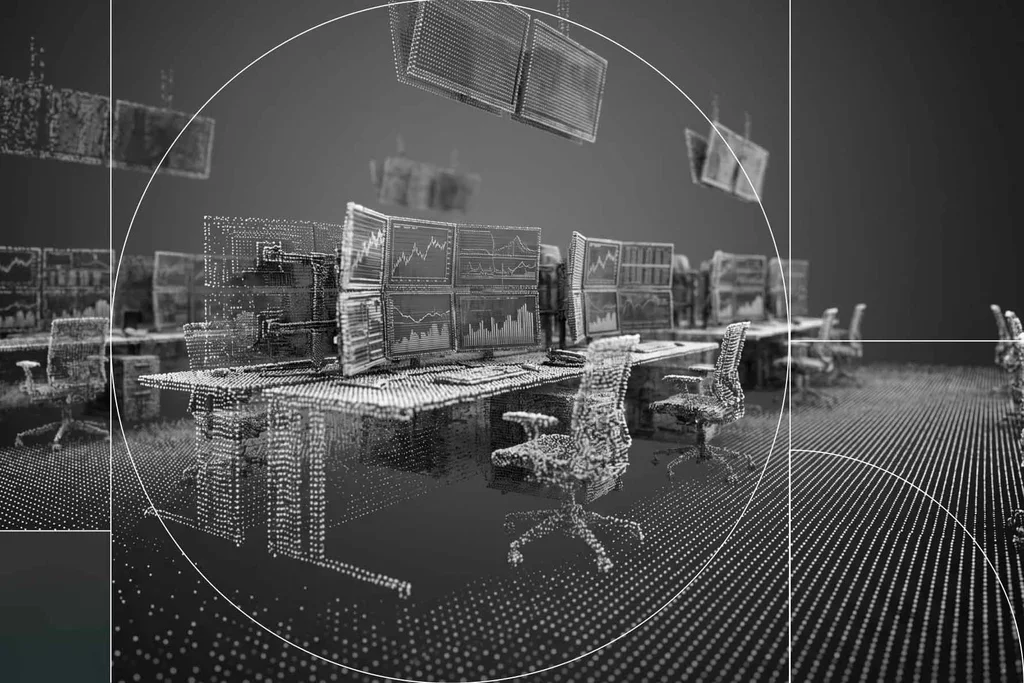 Digital visualization of security monitoring workstations and data dashboards.