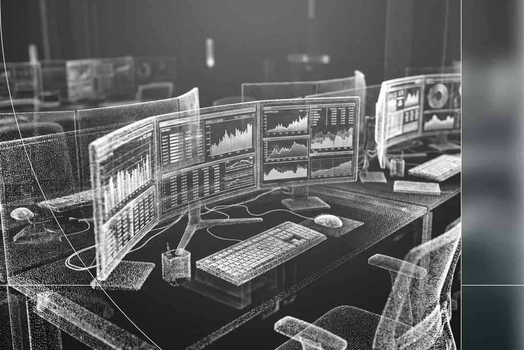 Digital rendering of multiple computer monitors displaying analytics dashboards, charts, and graphs in a security monitoring environment.