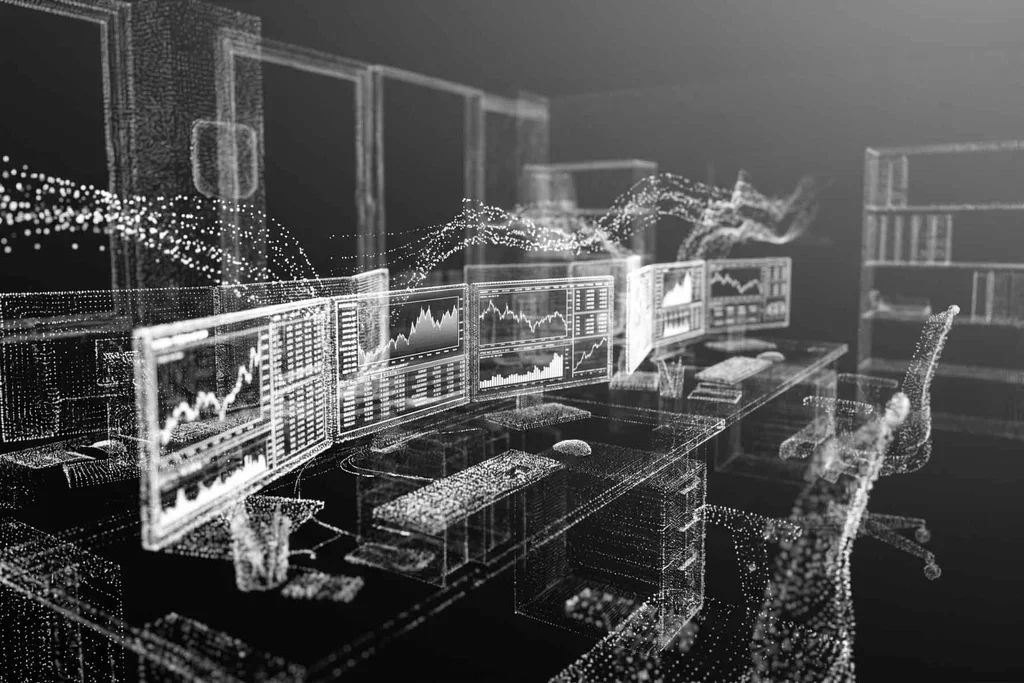 Digital visualization of computer workstations displaying data analytics dashboards.