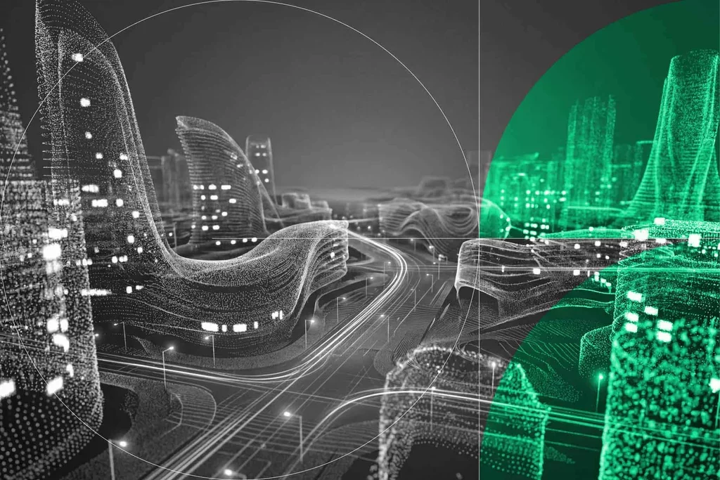 Abstract digital cityscape with illuminated buildings and connected roadways.