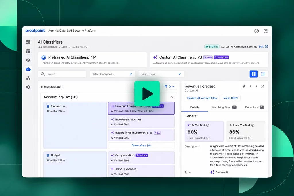 Proofpoint DSPM UI Dashboard AI Classifiers video thumbnail with play button.