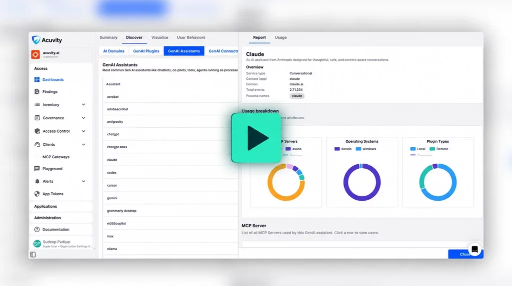 AI Access Security dashboard video thumbnail with play button.
