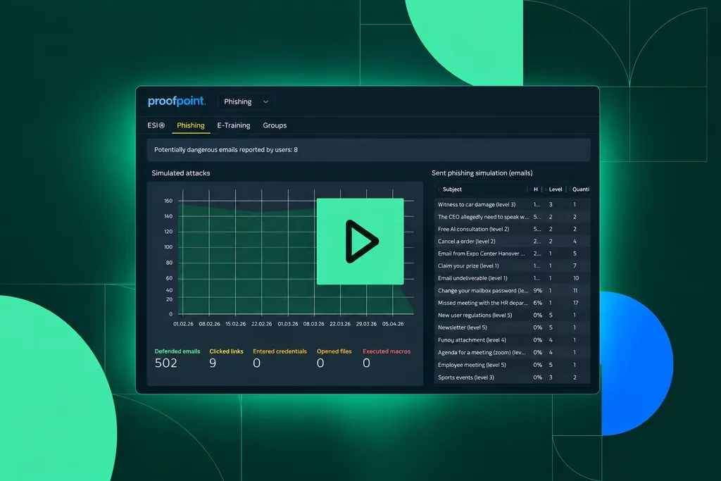 Proofpoint-style video thumbnail with a centered phishing dashboard, branded geometric background, and a prominent play button overlay.