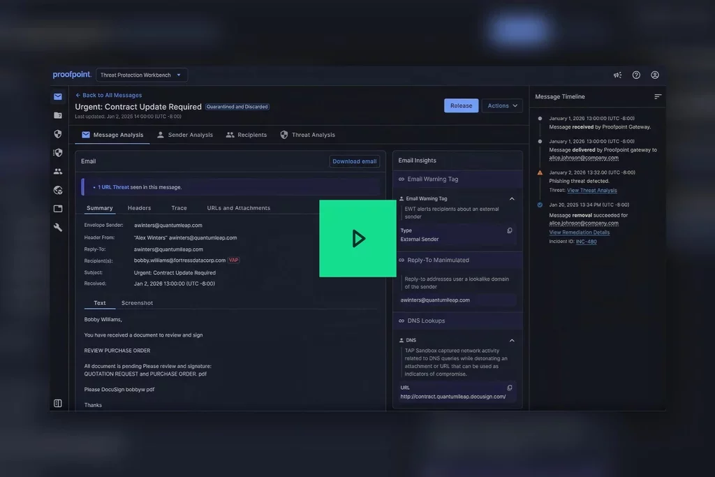 Proofpoint Threat Protection Workbench displaying phishing email analysis, quarantine actions, message timeline, and remediation options.