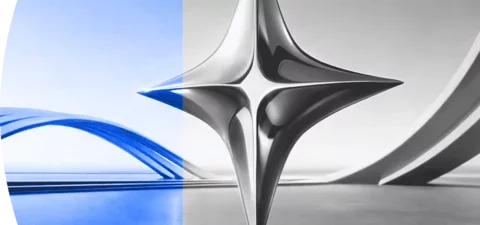 Abstract metallic geometric shape with blue accents on modern minimal background.