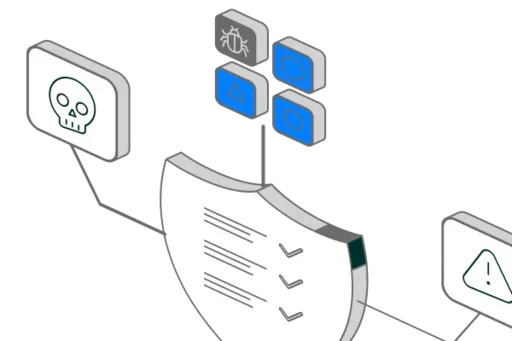 Illustration of compliance checks, malware detection, and security alerts representing high-impact security risks.