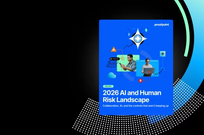 Report cover titled “2026 AI and Human Risk Landscape” with cybersecurity visuals.