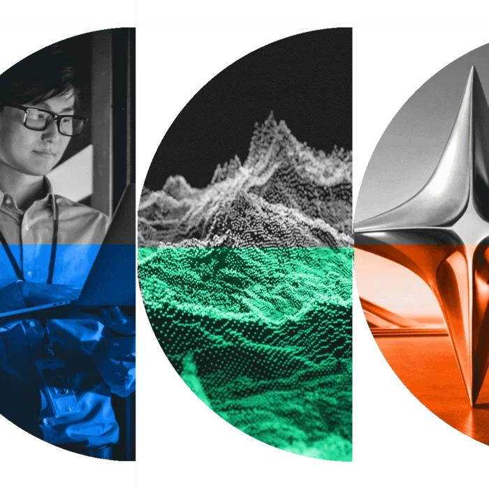 Professional using a laptop alongside abstract visuals representing people, data and AI