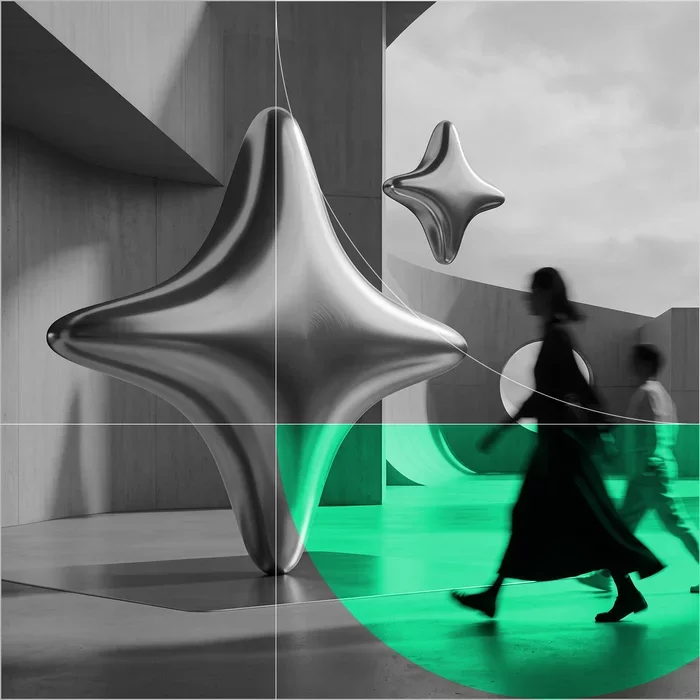 Abstract silver star-shaped sculptures in a minimalist concrete space, with blurred figures walking through a green-lit area in the foreground